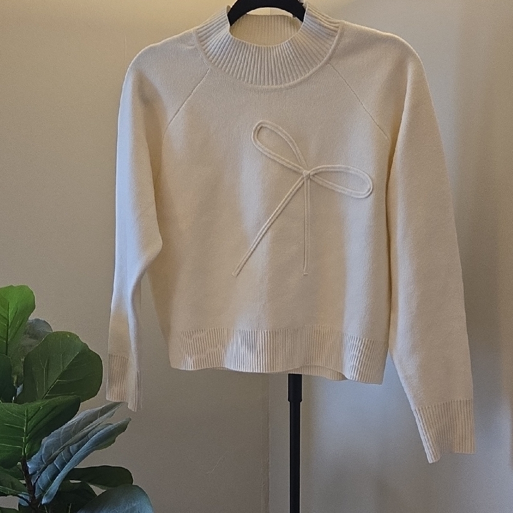 Nanette Lepore Cream Turtleneck Sweater with Bow Accent